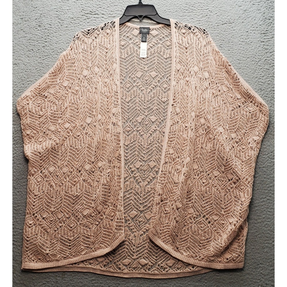 Chico's Travelers Cardigan Womens L/XL Brown Crochet Knit Sleeveless Open Front